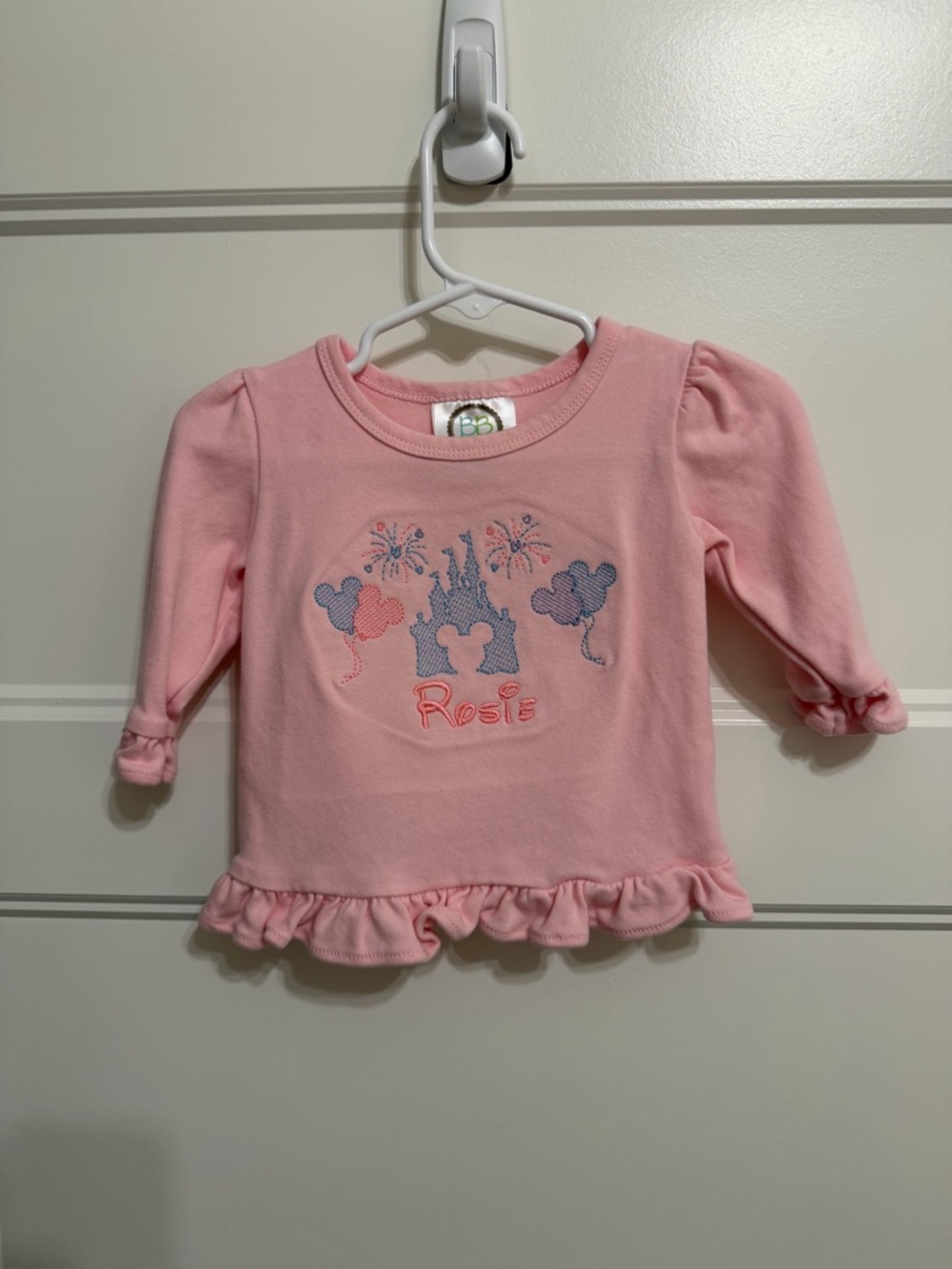 Pink Embroidered Castle Ruffle Hem Long-Sleeve Top